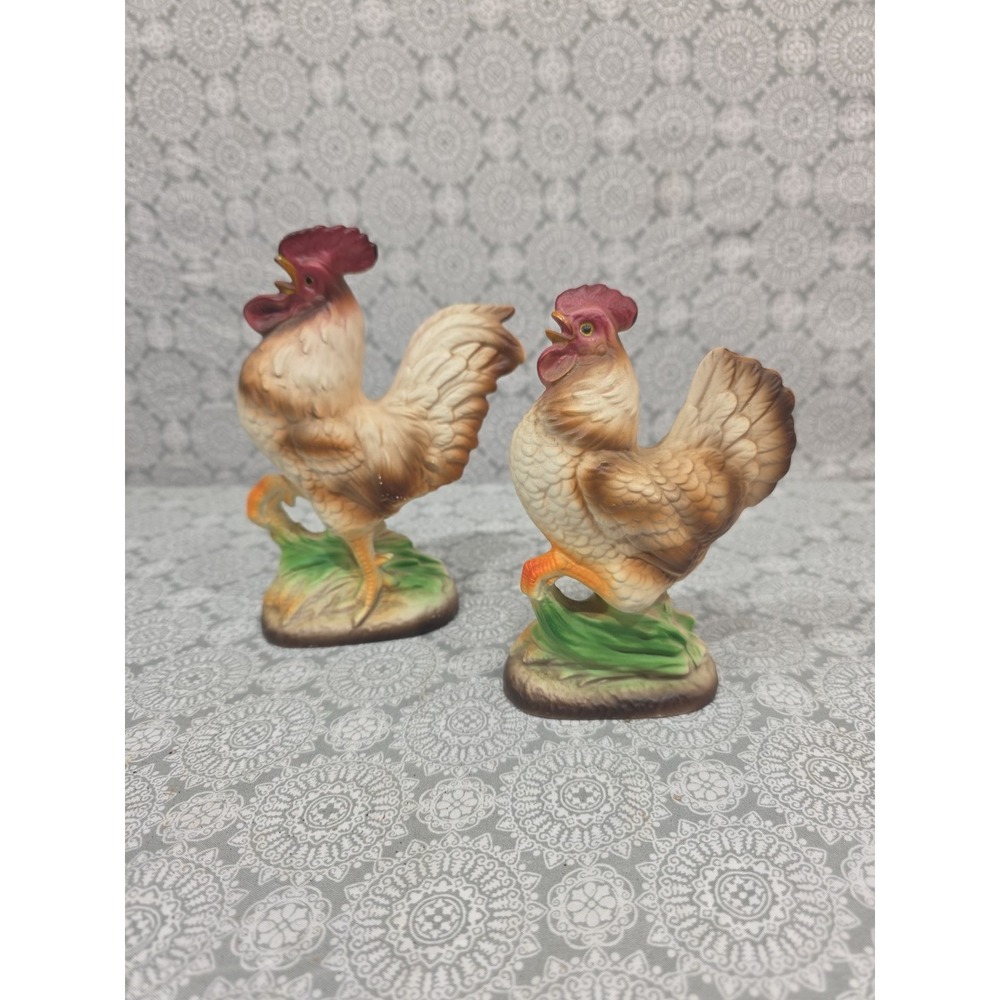 Enesco Japan Ceramic Roosters Pair Figurines Farmhouse Rustic Decor Vintage
